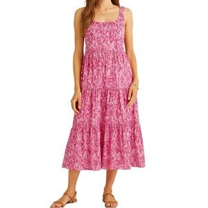Banjanan Revolve Penelope Pink Floral Block Print Tiers Midi Dress XS Cotton NWT